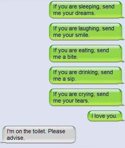 The message contains a screenshot of a chat where one person says multiple messages, respectively: "If you are sleeping, send me your dreams."; "If you are laughing, send me your smile."; "If you are eating, send me a bite."; "If you are drinking, send me a sip."; "If you are crying, send me your tears."; "I love you.". Then the other person replies to these messages with saying "I'm on the toilet. Please advise."