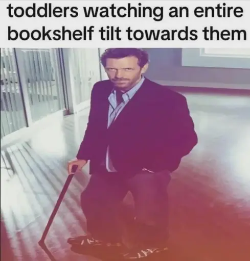 "toddlers watching an entire bookshelf tilt towards them"

Dr House standing, cane.