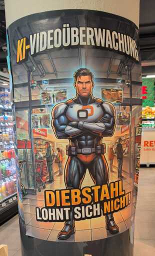 Plakat im Rewe am Bismarckplatz. Mann im Superheldenkostüm. Dazu der Text Diebstahl lohnt sich nicht und KI-Videoüberwachung