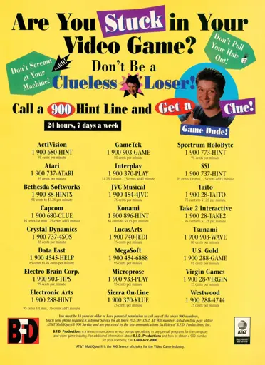A 1994 ad for several pay-per-call numbers, each for a specific game publisher, such as Capcom, Data East, Sierra On-Line, Electronic Arts andActivision.