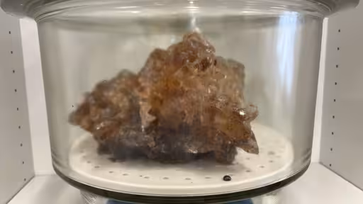 A big chunk of a brown sugar crystal in an low humid environment